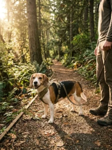 Happy beagle wearing a comfortable harness on a woodland walk.