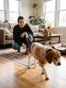 Beagle testing the fit of a knitted dog sweater indoors Copy prompt