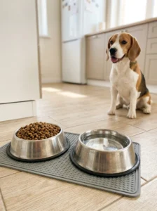 Clean dog food and water bowls arranged separately in a bright kitchen.