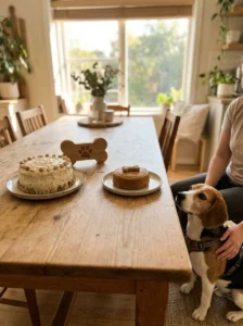 Decorative dog birthday cake for photos beside a separate simple cake for eating.