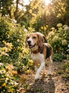 Happy beagle wearing a well-fitted brown leather dog collar outdoors