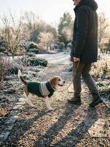 Beagle enjoying a winter walk in a comfortable knitted dog sweater