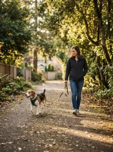 Happy beagle enjoying a relaxed neighborhood walk on a loose leash.