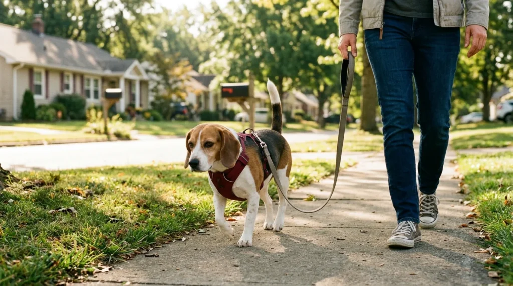 Beagle walking calmly on a loose leash beside its owner on a neighborhood sidewalk.
