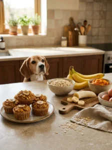 Homemade dog cupcakes made with simple ingredients like oats, pumpkin and banana.