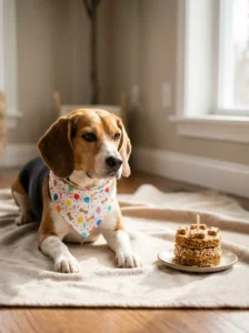 Beagle posing calmly in morning window light before a birthday party.