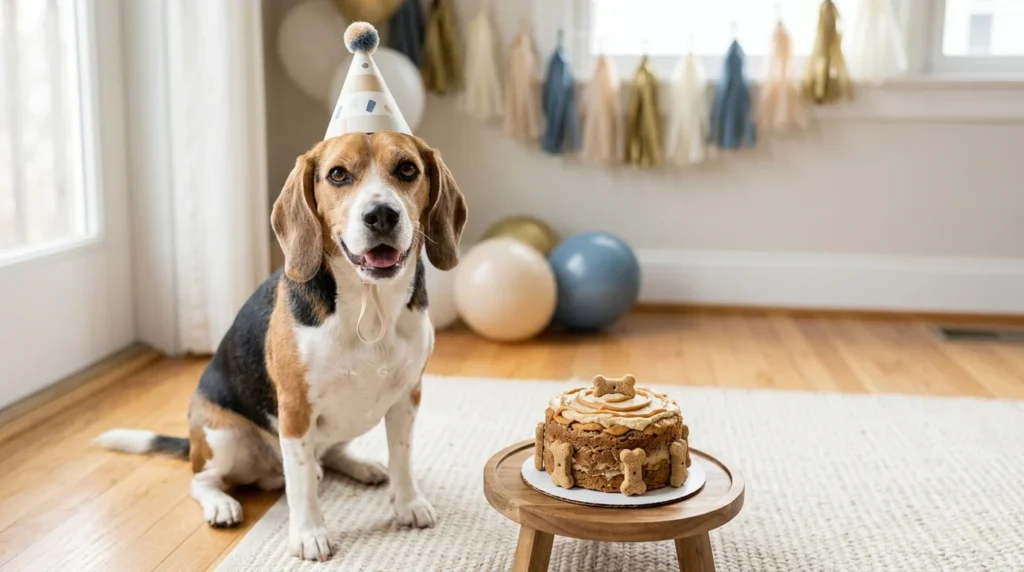 Beagle wearing a birthday hat beside a small dog-safe birthday cake.
