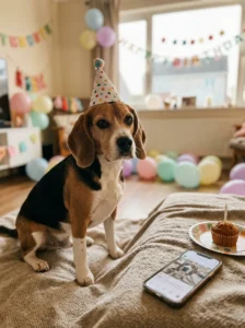 Beagle wearing a birthday hat ready for a memorable dog birthday photo caption.