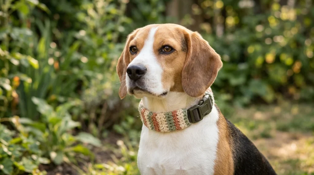 Beagle wearing a colorful crochet dog collar cover over a sturdy webbing collar