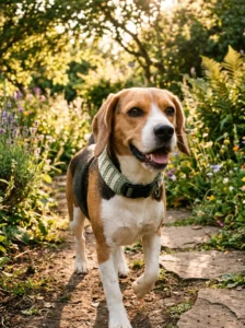 Beagle wearing a handmade sage-green crochet collar cover over a sturdy collar