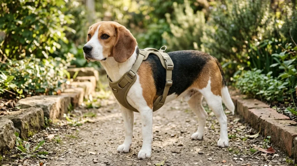 Beagle wearing a properly fitted adjustable dog harness outdoors.