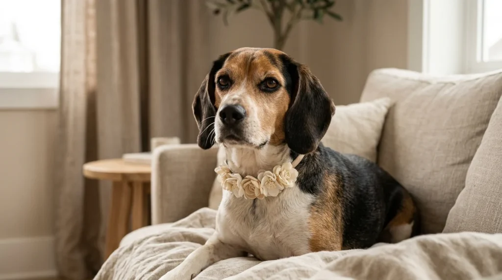 Beagle wearing a soft decorative flower dog necklace collar.