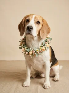 Beagle modeling a decorative flower necklace-style dog collar.