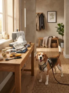 Beagle wearing a finished handmade dog harness ready for a walk
