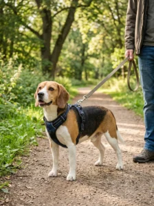 Beagle wearing a properly fitted harness and fixed-length leash for a walk.