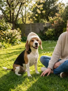 Happy beagle modeling a comfortable knitted hat in a sunny garden.
