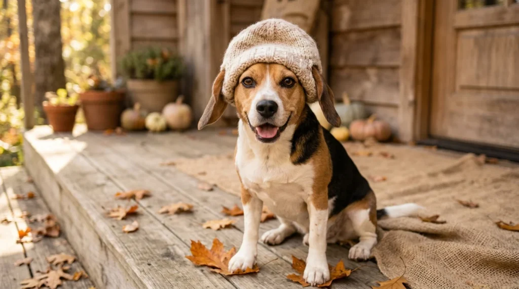 Happy beagle wearing a soft knitted dog hat on an autumn porch.