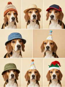 Six adorable dog hat styles including a knitted beanie, sun hat, baseball cap, bucket hat, party hat and costume hat.
