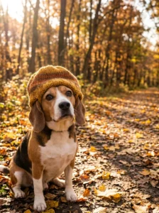 Beagle wearing a comfortable knitted hat while posing for an outdoor photo.