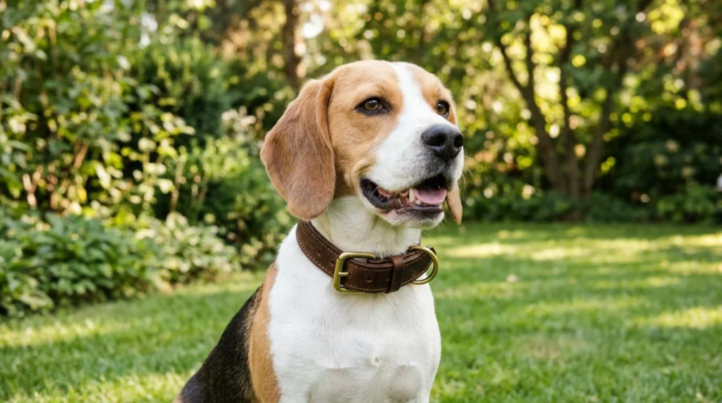 Beagle wearing a classic brown leather dog collar with brass hardware