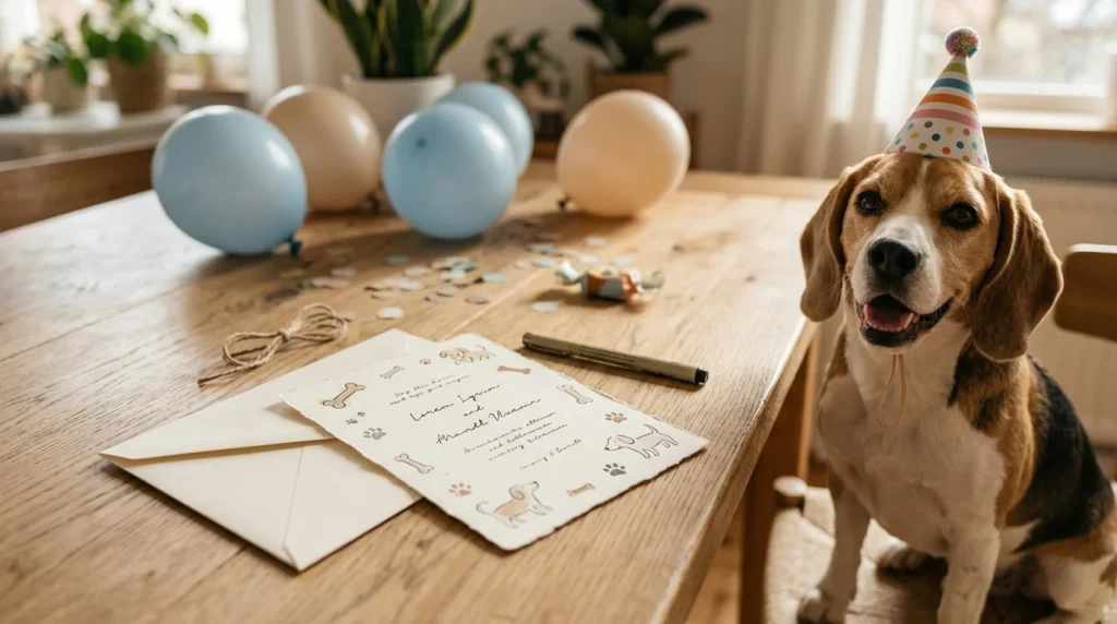 Beagle wearing a birthday hat beside a dog birthday invitation card with paw-print decorations.