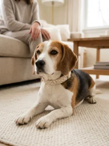 Beagle wearing a soft decorative collar under owner supervision.