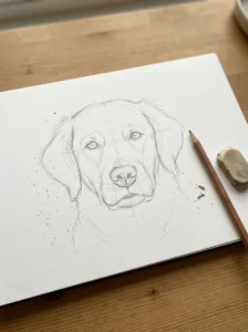 Beginner dog drawing practice with construction lines and simple facial details.