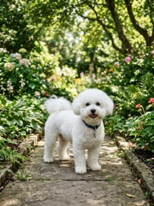 Fluffy Bichon Frise with a moderate summer teddy bear haircut
