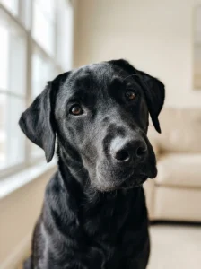 Black Labrador looking toward a smartphone camera in soft natural light.