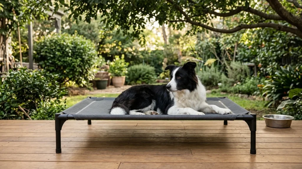 Border collie resting on a raised outdoor dog bed in a shaded garden