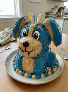 Homemade Dog Man cake with playful details and imperfect buttercream decoration.