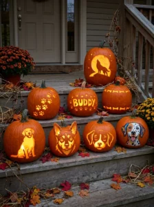 Eight dog pumpkin carving ideas featuring puppy faces, paw prints, dog silhouettes and Halloween designs.