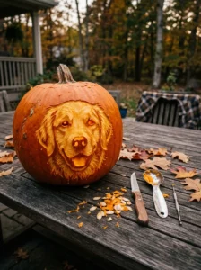 Dog-face pumpkin carving illuminated by a safe battery-powered LED light.