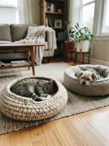 Cat sleeping in a crochet bed with a small dog nearby