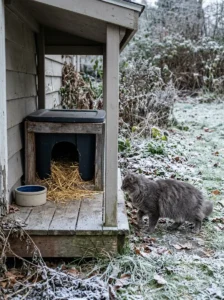 Feral cat approaching an insulated outdoor shelter beside a water bowl
