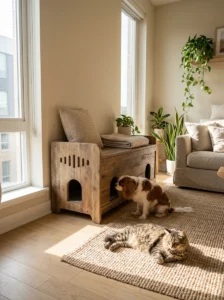 Hidden cat litter box enclosure built from a wooden bench