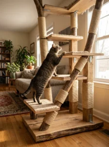 Cat climbing a stable DIY tower with a wide base and low first platform