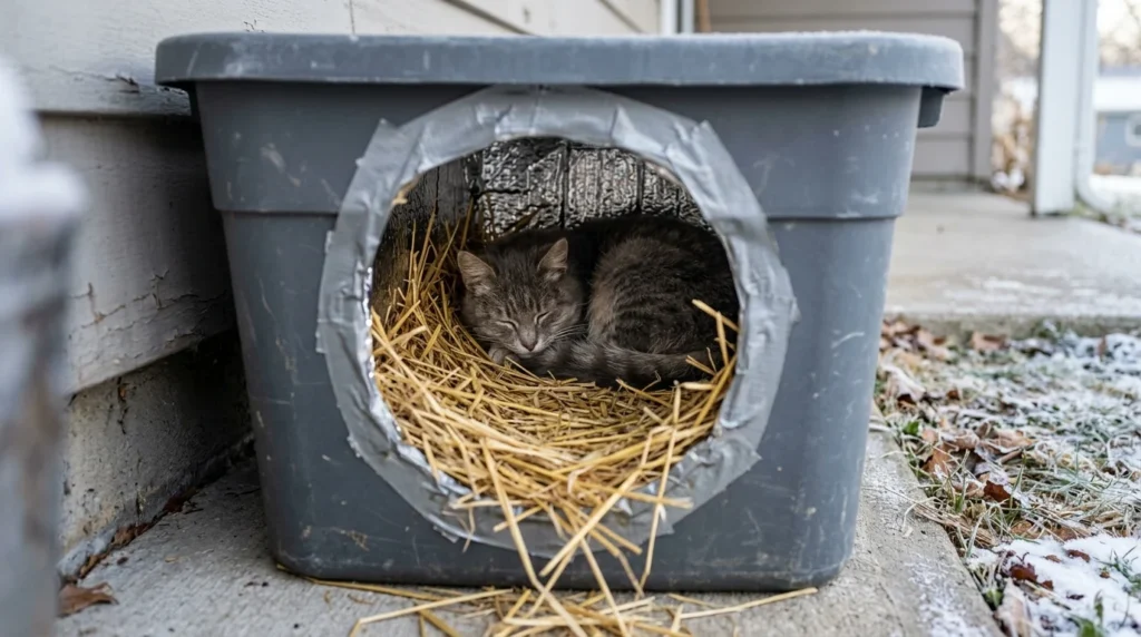 Grey stray cat resting inside a homemade insulated cat house filled with straw