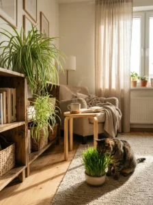 Cat eating cat grass while a spider plant sits safely nearby