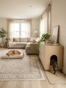 Finished DIY cat litter box enclosure that blends into a modern home