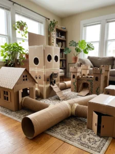Different cardboard cat house DIY ideas for indoor cats