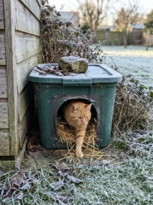 Ginger feral cat leaving a sheltered outdoor cat house on a frosty morning