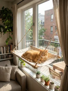 Cat relaxing in a canvas window hammock in a small apartment