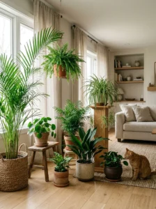 Collection of cat friendly house plants arranged in a bright home with a cat nearby