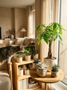 Compact cat safe plants including haworthia, echeveria and money tree