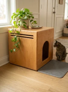 Well-ventilated DIY cat litter box enclosure with smooth safe edges