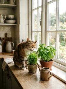 Cat nibbling fresh cat grass beside a basil plant in a sunny kitchen