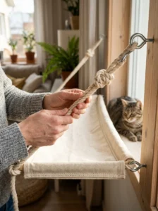 Cat hammock being checked for secure knots and sturdy fixings