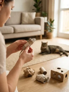 Owner checking a homemade cat toy for loose threads and damage