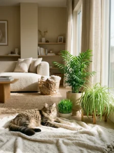 Cat relaxing beside spider plant, parlor palm, and cat grass in a cozy home